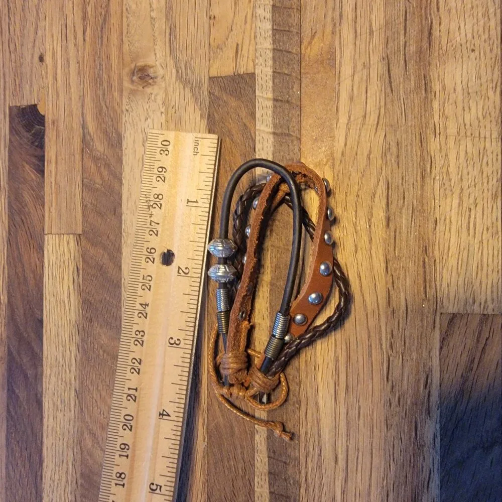 Triple Banded Leather/Corded Boho Metal Stud Adjustable Bracelet